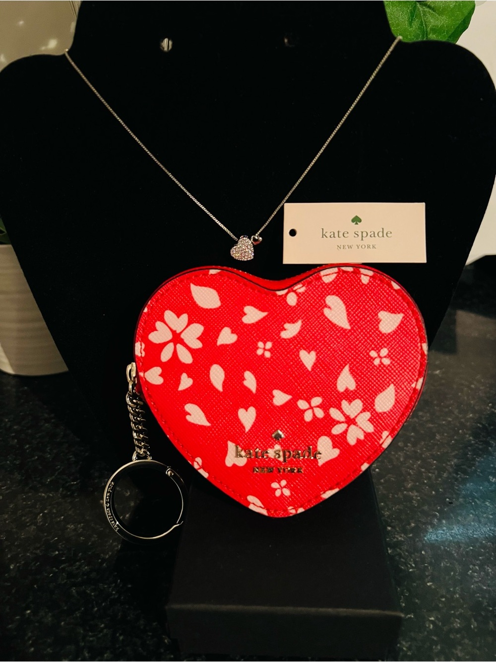 Kate Spade Red Heart Coin Purse W/Floral Print NWT & Heart Necklace NIP